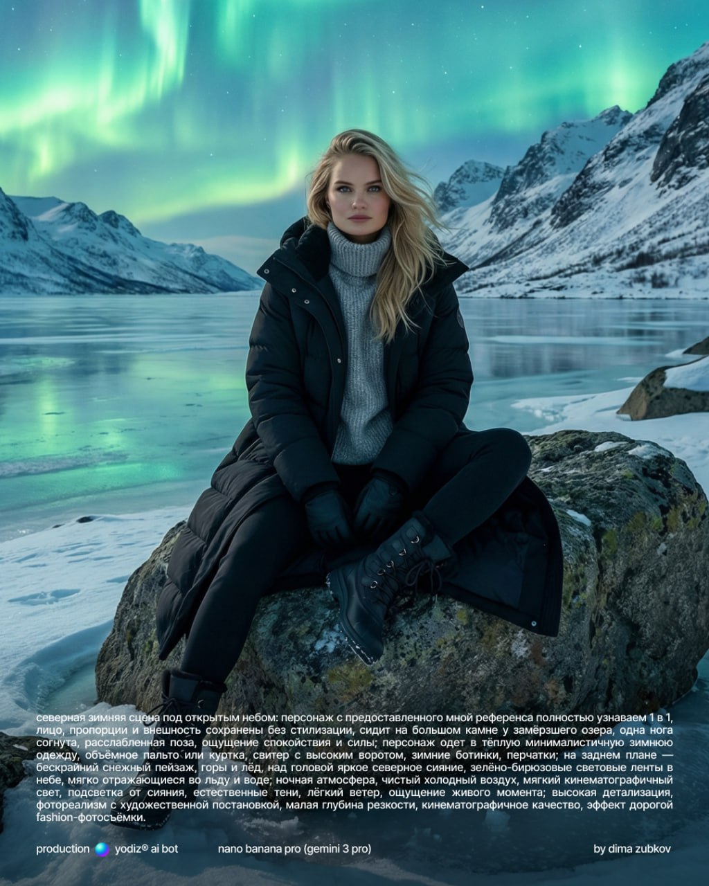 Зимняя нейрофотосессия на фоне северного сияния