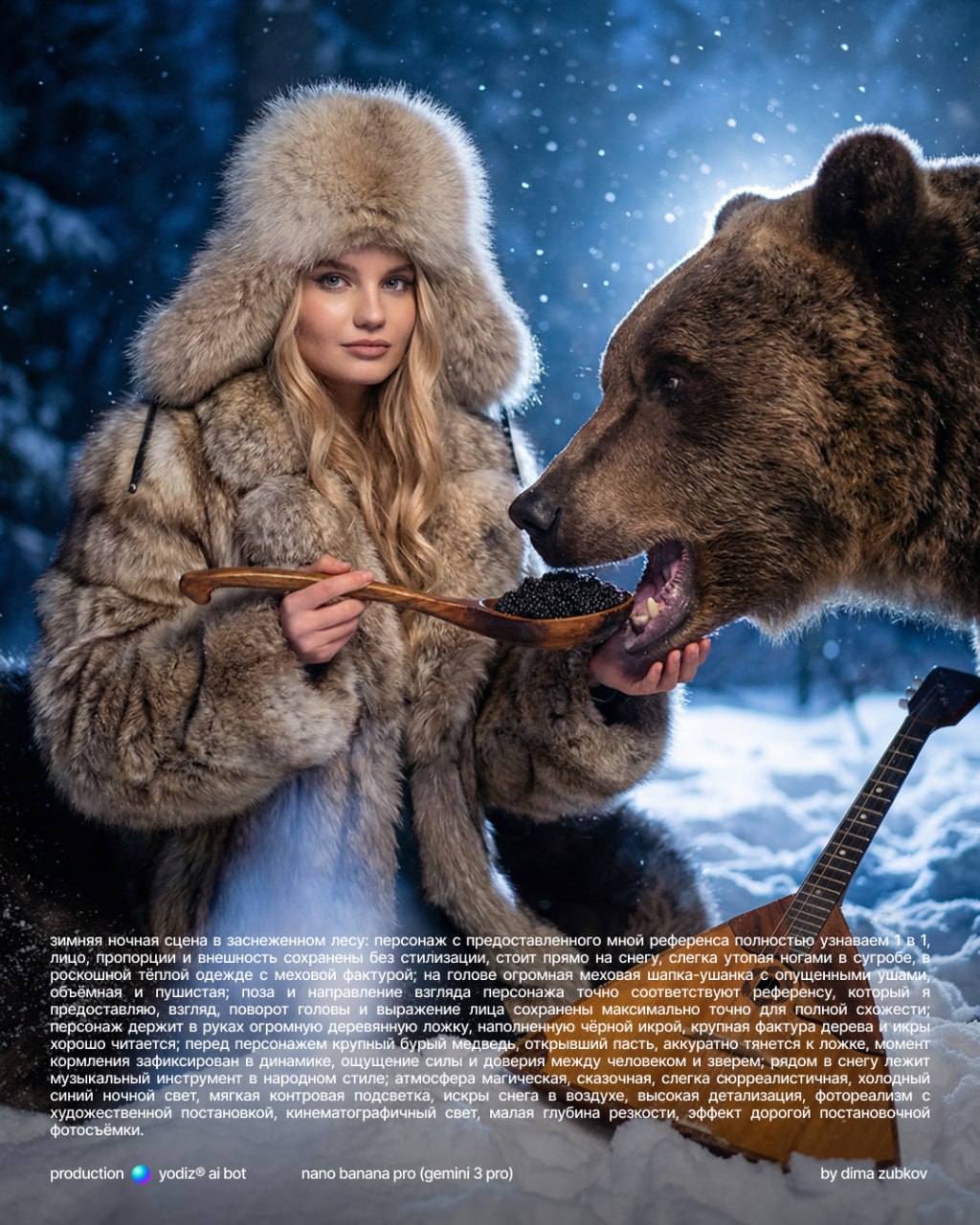 Промпт для нейрофото: зимняя ночная сцена с медведем