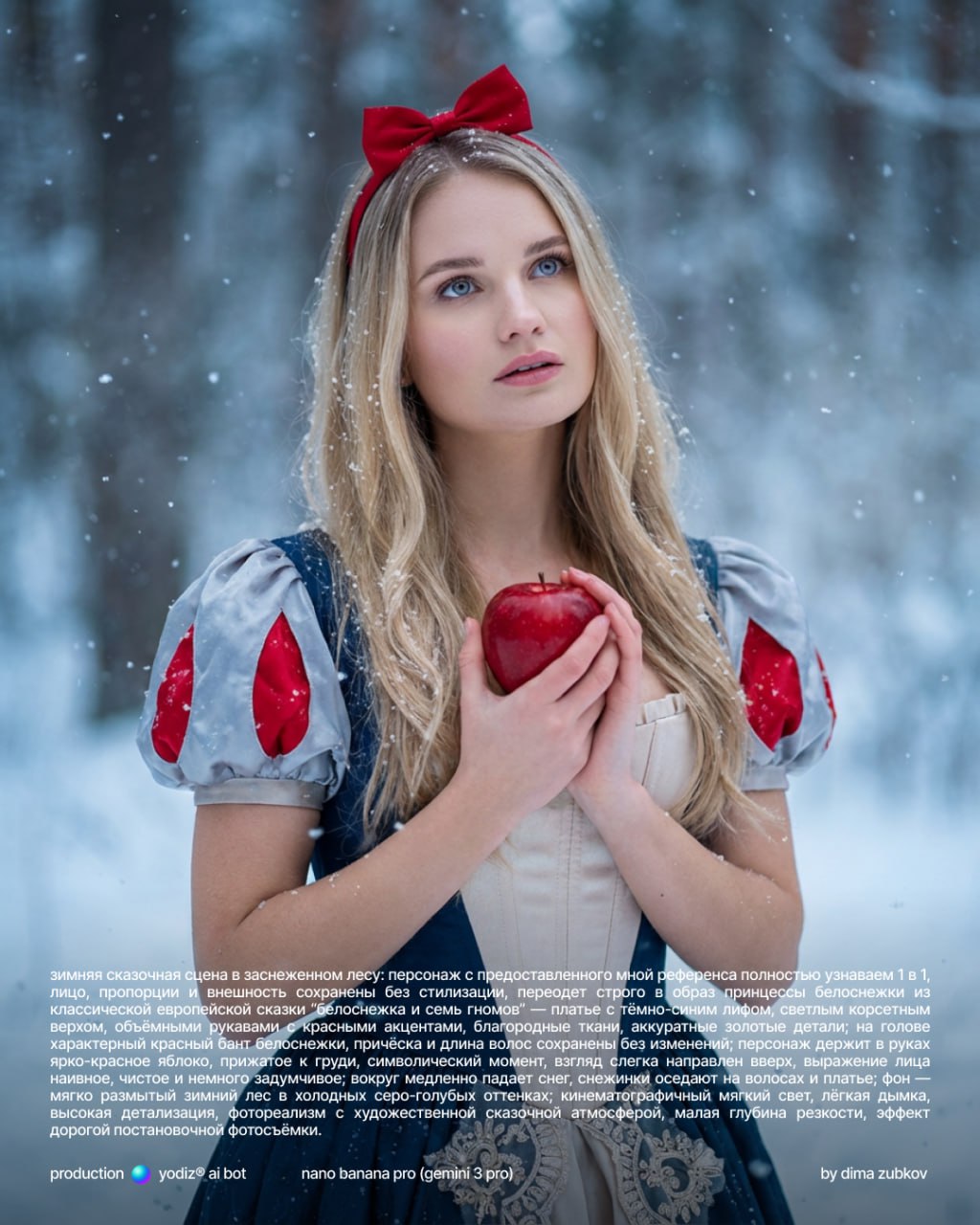 Промпт для нейрофото: Белоснежка в зимнем лесу