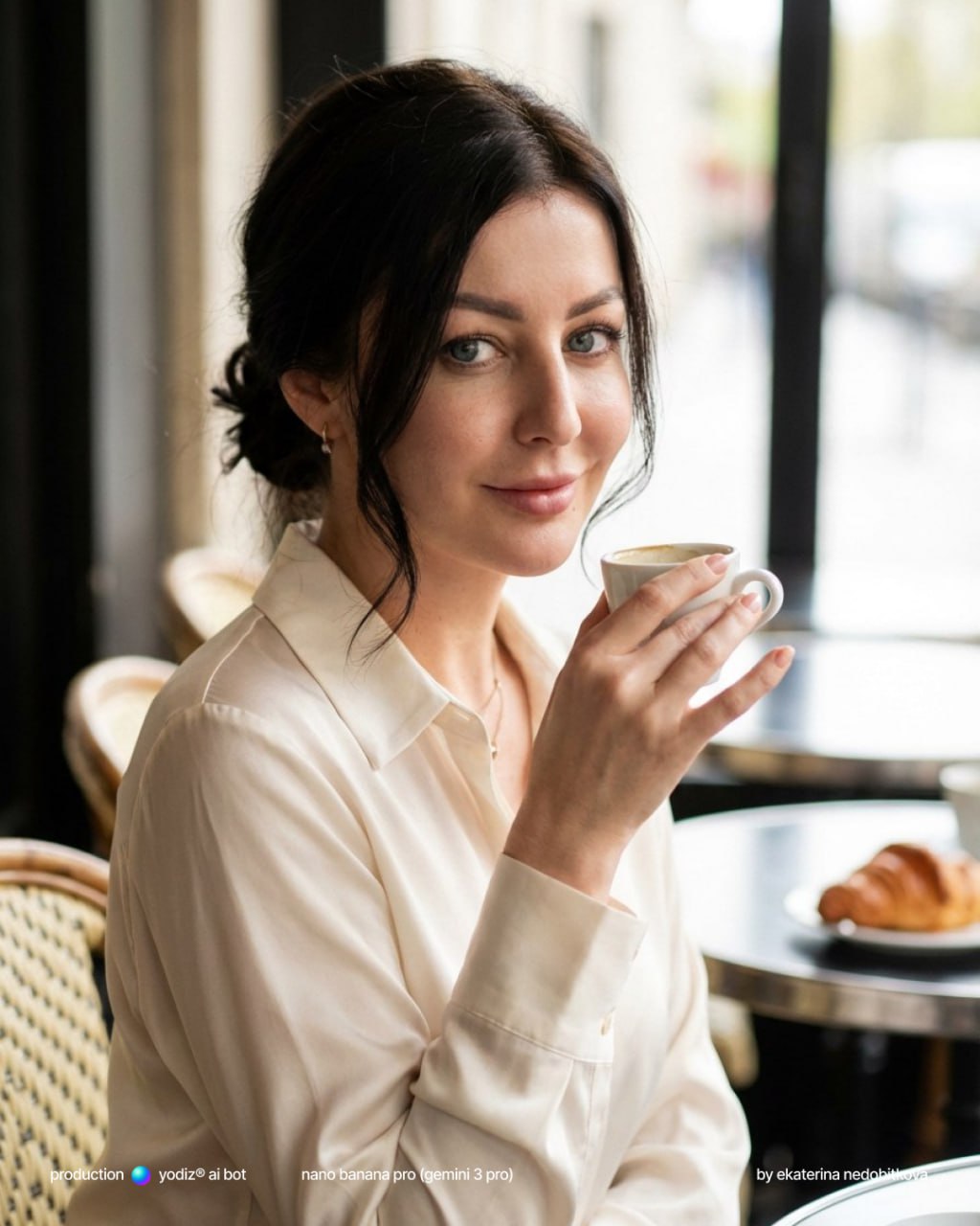 Промпт для нейрофото: портрет парижанки в кафе