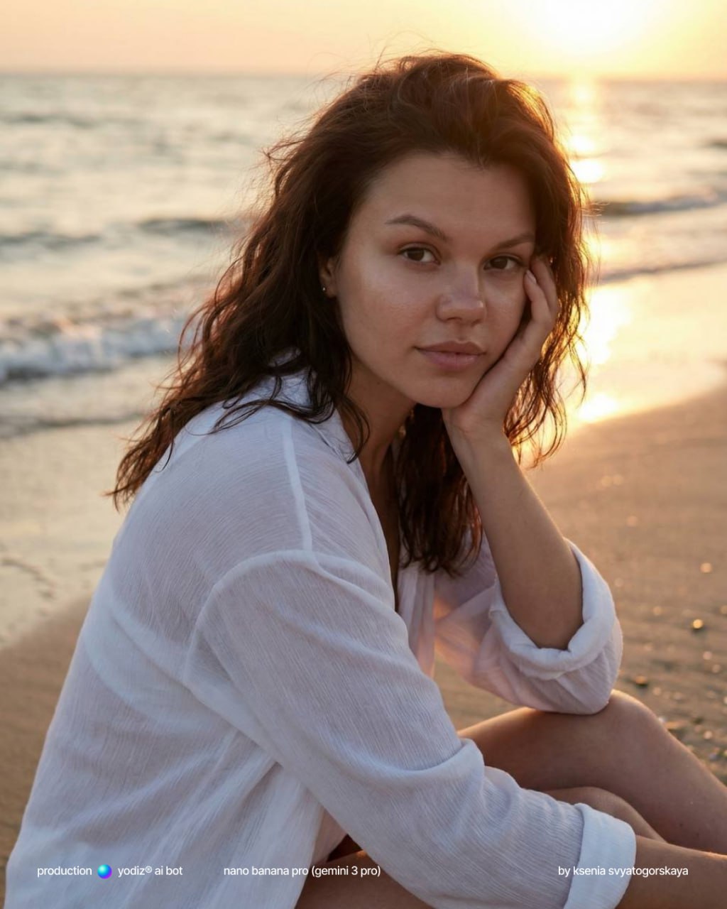 Промпт для нейрофото: портрет девушки на закате у моря