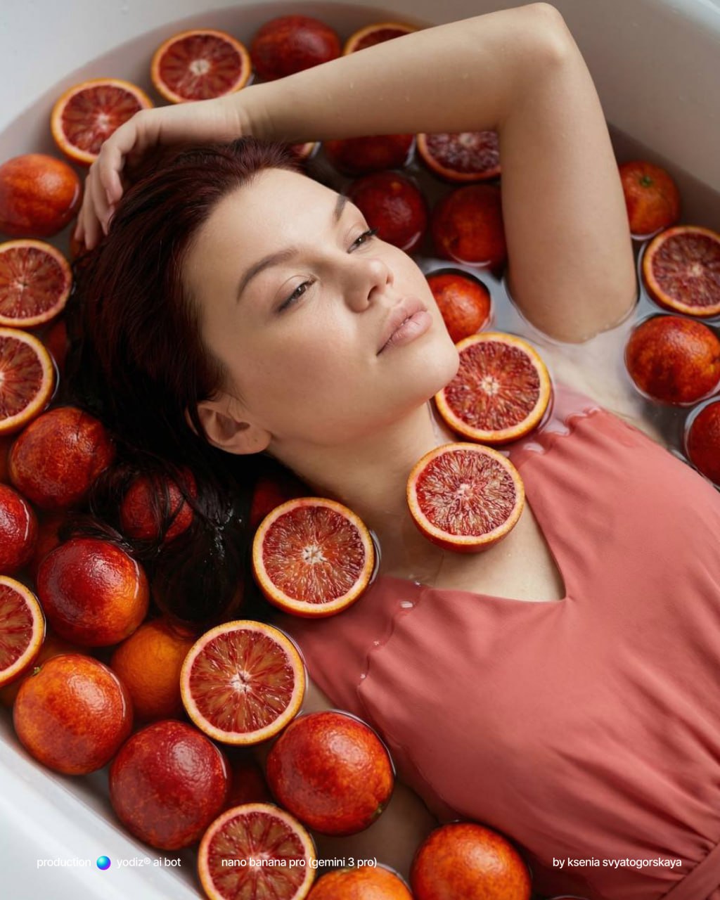 Нейрофотосессия: девушка в ванне с апельсинами