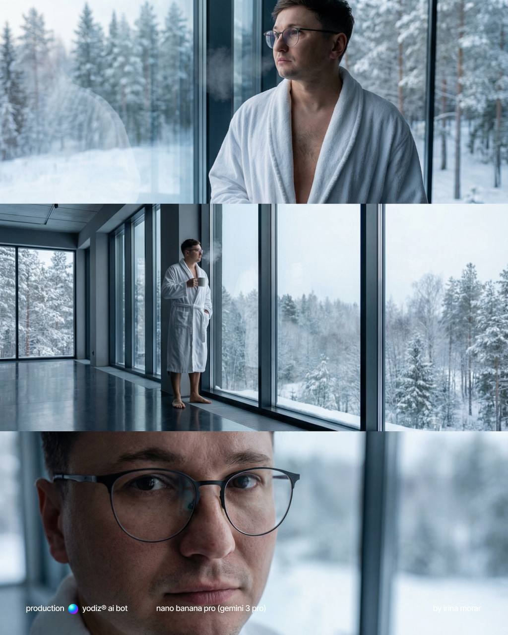 Нейрофотосессия: утро в заснеженном лесу, мужской портрет