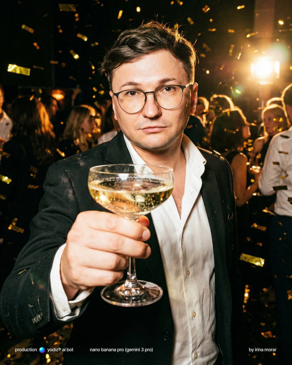 Нейрофотосессия: мужчина на вечеринке с бокалом шампанского