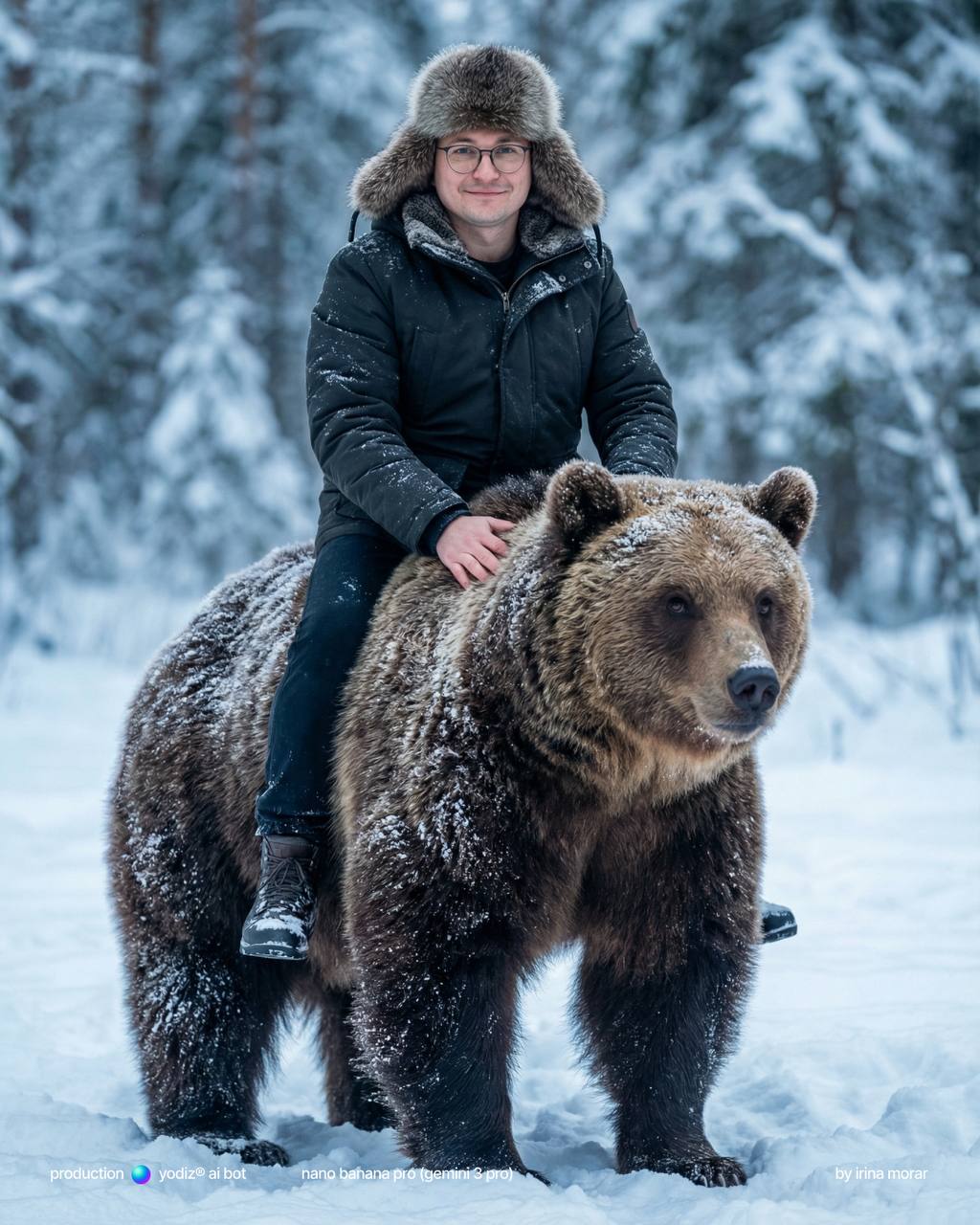Нейрофотосессия: мужчина на медведе в зимнем лесу