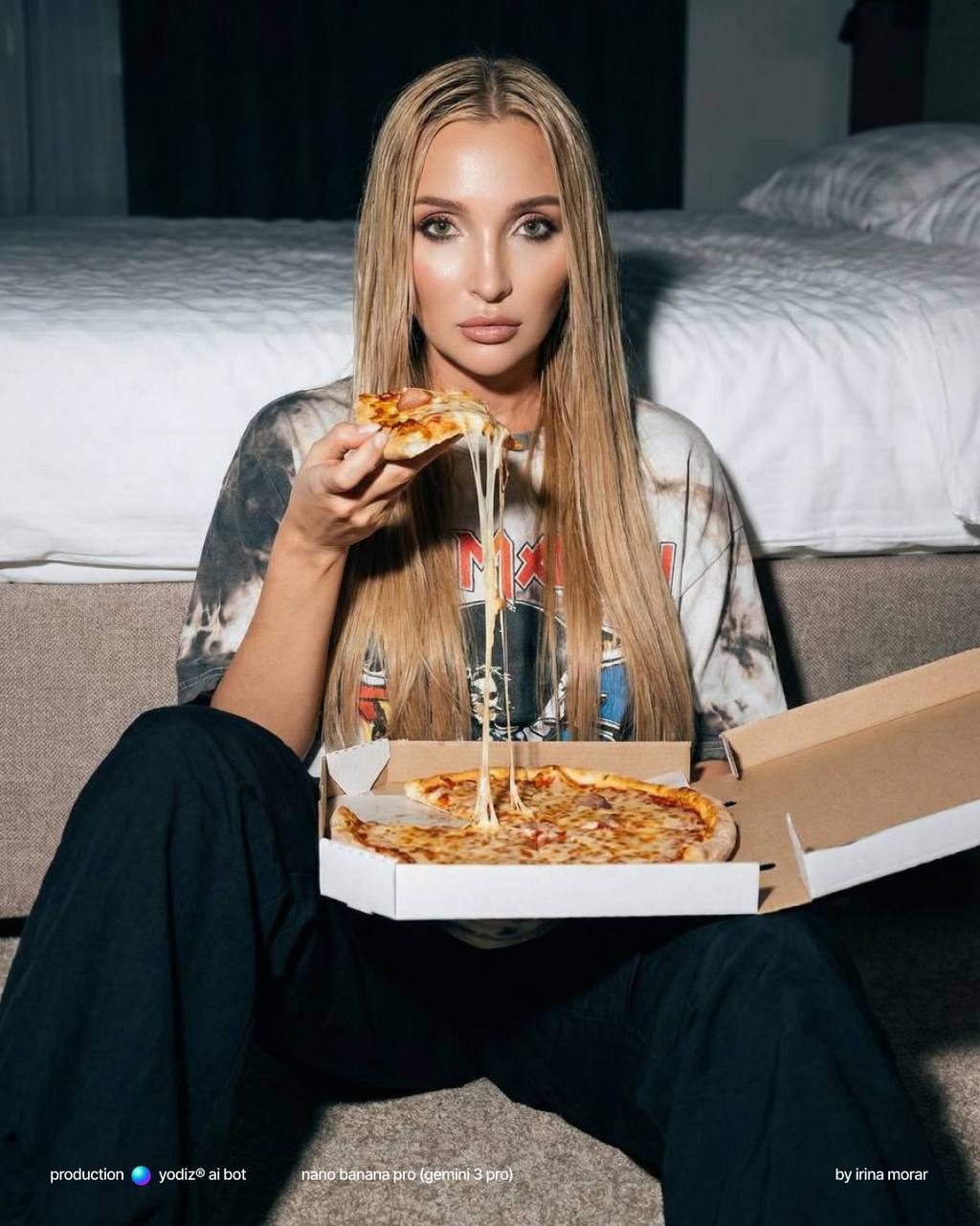 Нейрофотосессия: девушка с пиццей, ультрареализм 8K