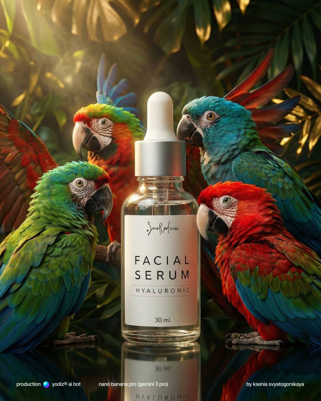 Рекламная съемка люксового продукта с экзотическими птицами