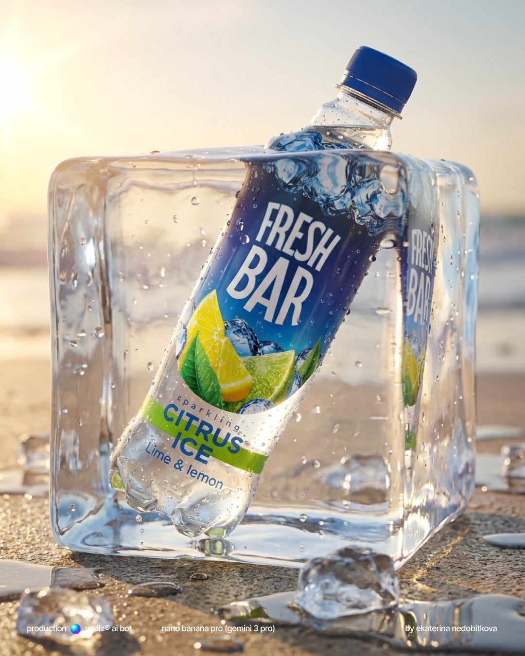 Нейрофото товара: бутылка со льдом, строгий фотореализм