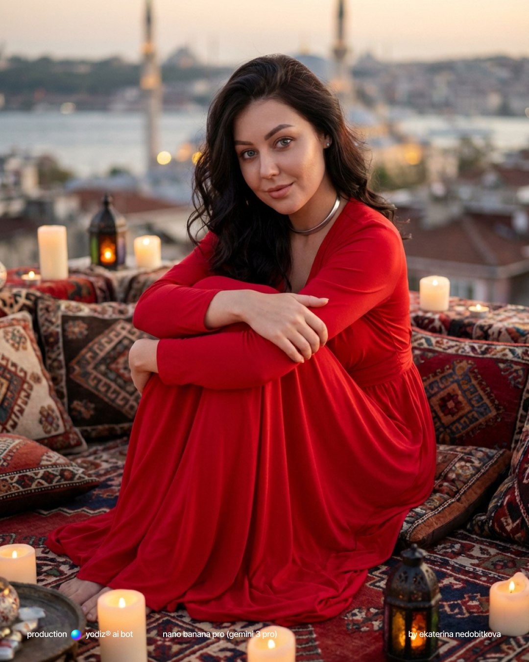 Нейрофотосессия: вечер в Стамбуле на крыше, красное платье