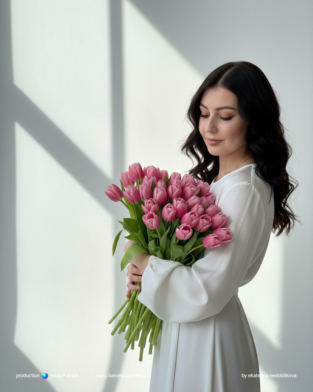 Нейрофотосессия: нежный портрет с розовыми тюльпанами в студии