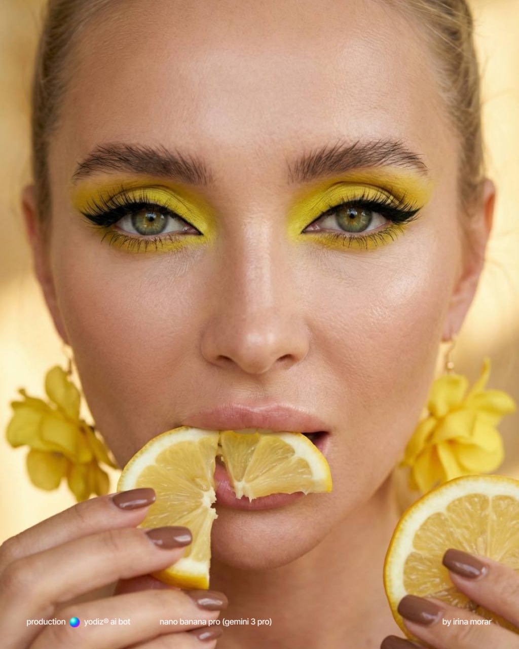 ИИ фото: девушка с лимонами и ярким макияжем