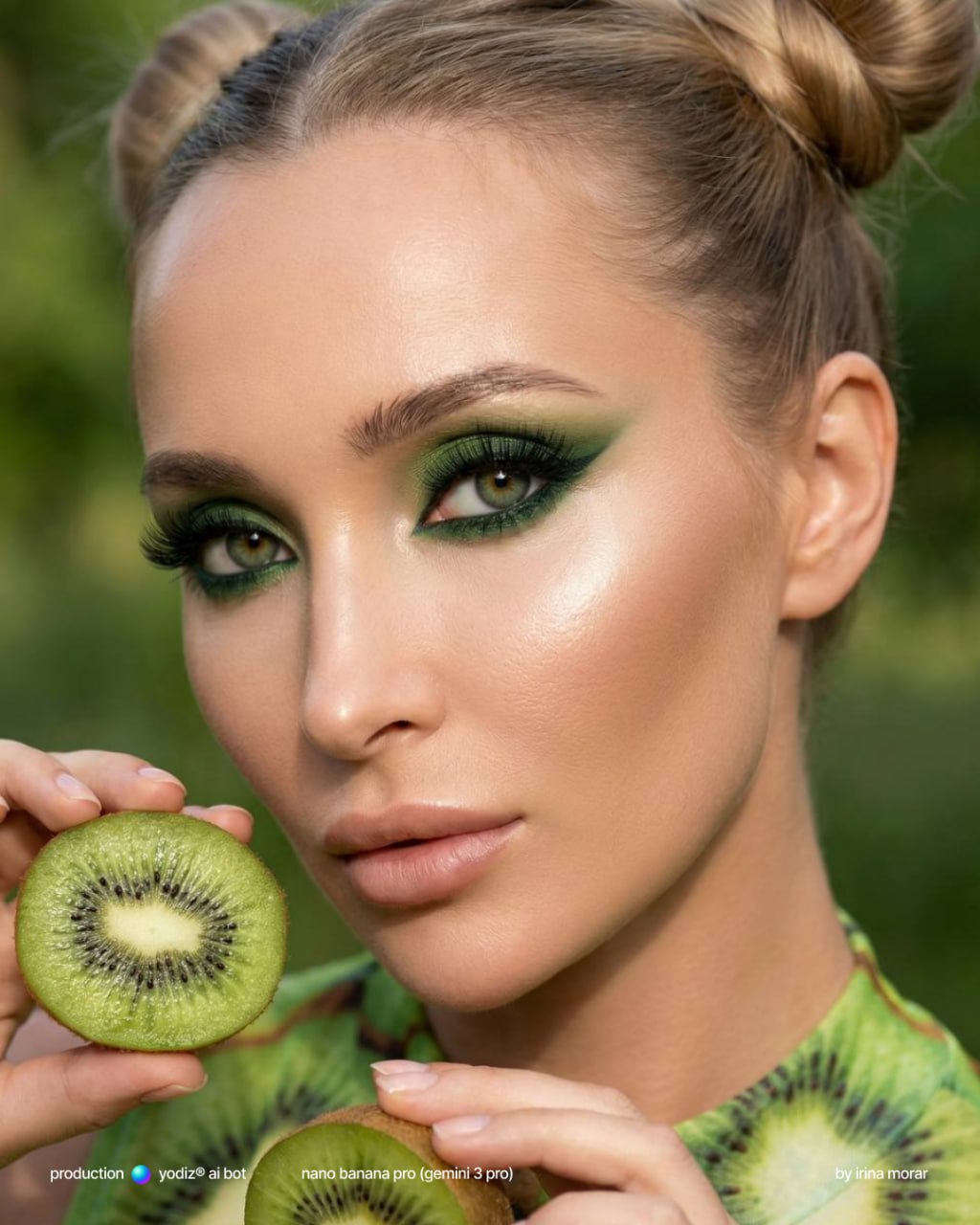 ИИ фото: макро-портрет с зелёным макияжем и киви