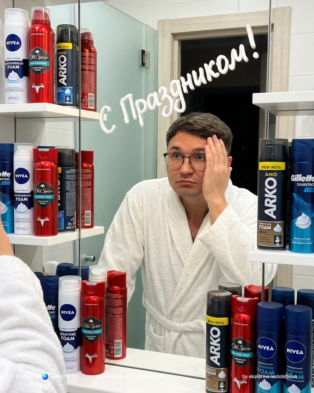 ИИ фото: мужчина отражается в зеркале с пеной для бритья