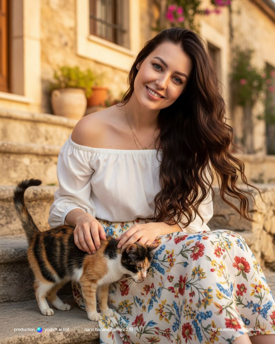 Нейрофотосессия: девушка с кошкой на средиземноморских ступенях