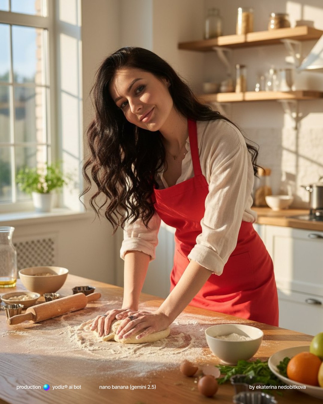 Нейрофотосессия: игривая домохозяйка месит тесто