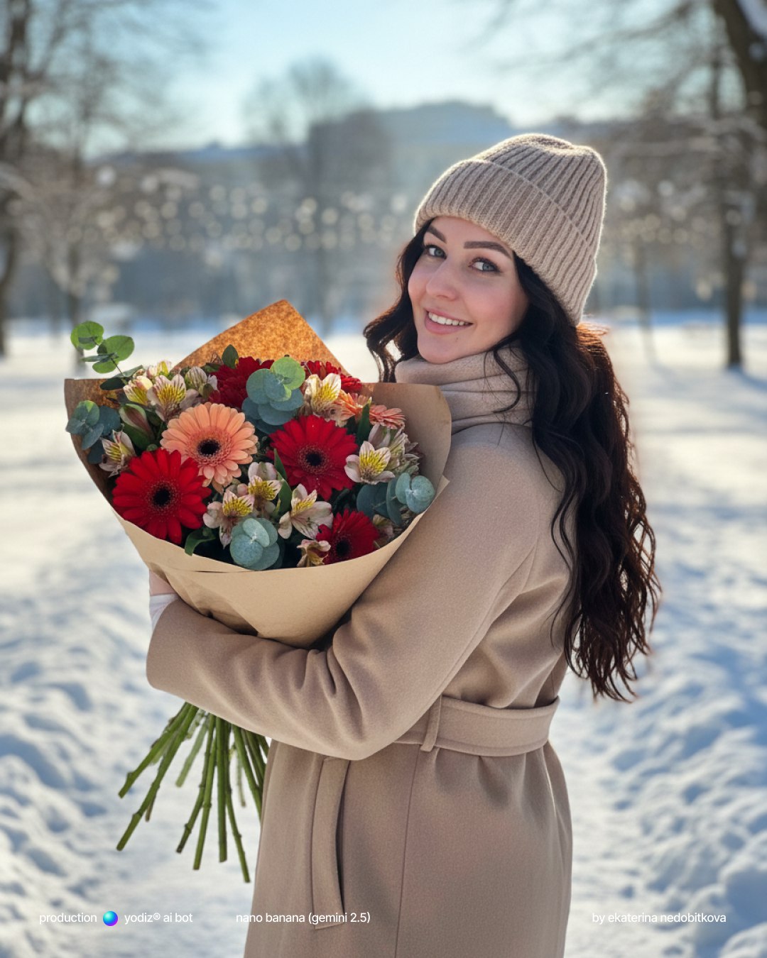 Нейрофотосессия в заснеженном парке с букетом цветов