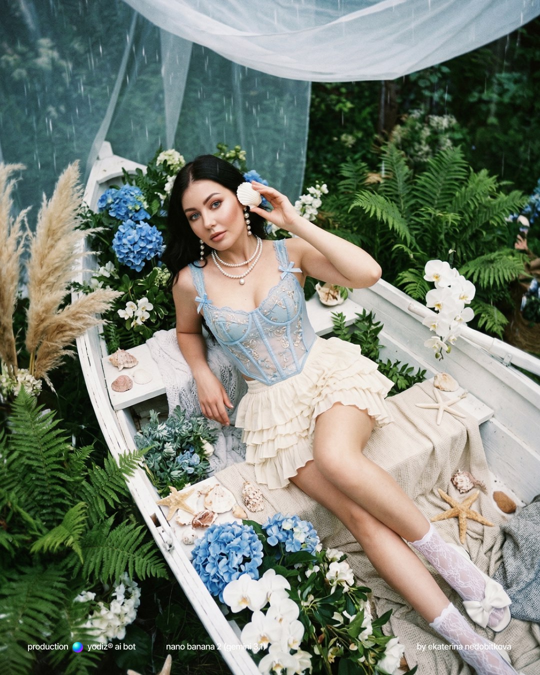 Нейрофотосессия: сказочная девушка в лодке с цветами