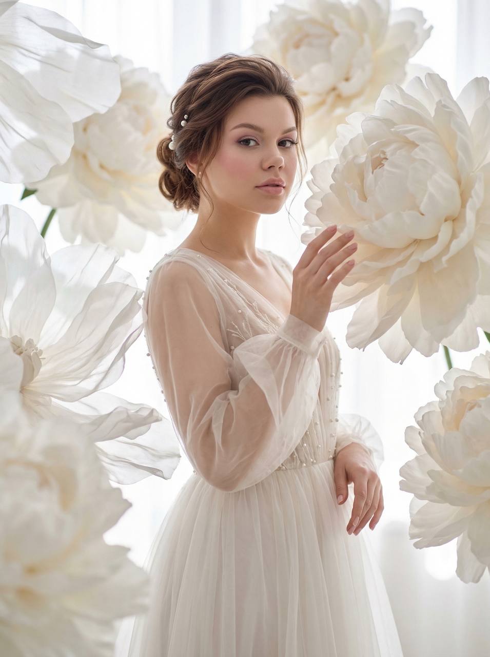 Нейрофотосессия: девушка в облаке пионов, fashion-съёмка