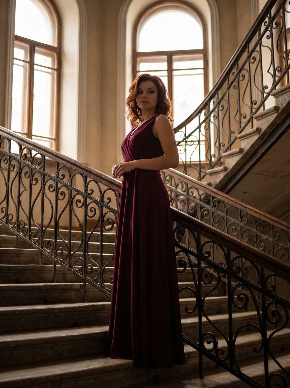 Нейрофотосессия: элегантный портрет на старинной лестнице с мягким дневным светом