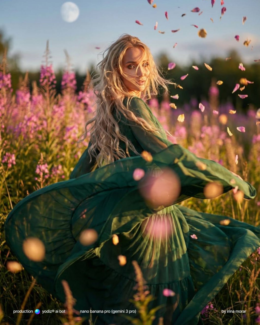 Нейрофотосессия: девушка в поле с цветами на закате