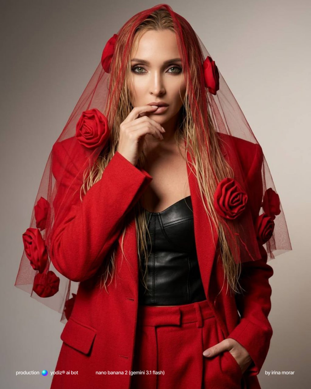Нейрофотосессия: красный костюм, розы и чувственность