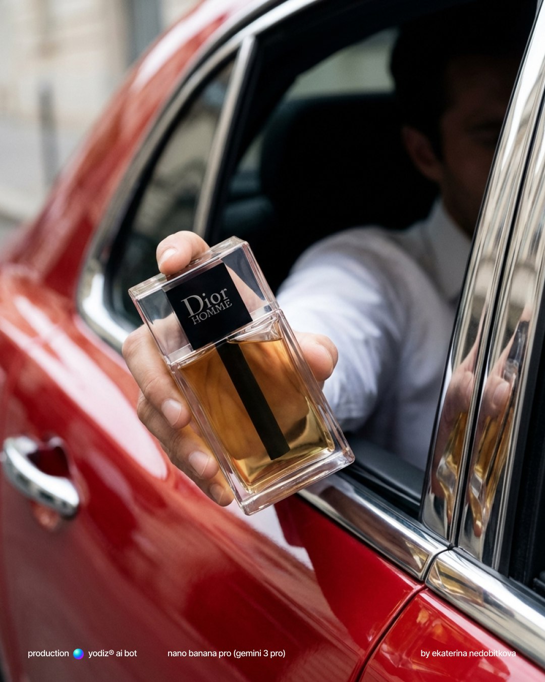 ИИ фото: товар класса люкс на фоне красного автомобиля