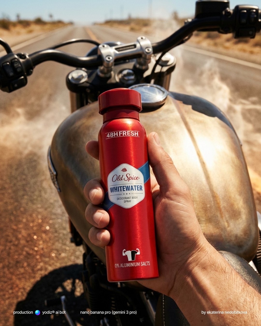 Рекламный кадр: товар в руке на фоне жаркой трассы