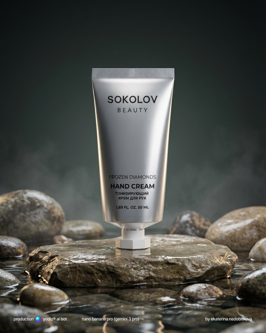 Нейрофото: реклама товара на скале в воде, фотореализм